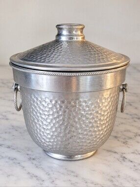 Vintage Italian Hammered Aluminum Ice Bucket Lidded Barware Made in Italy